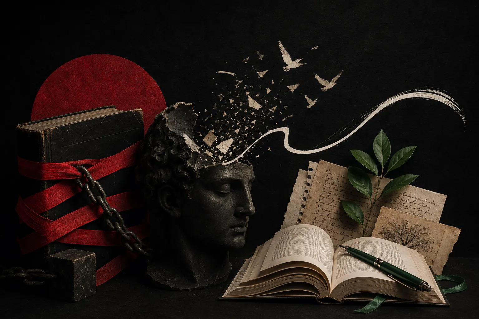 Busto clásico fragmentado junto a libros encadenados, símbolo del dogmatismo y la libertad de pensamiento.