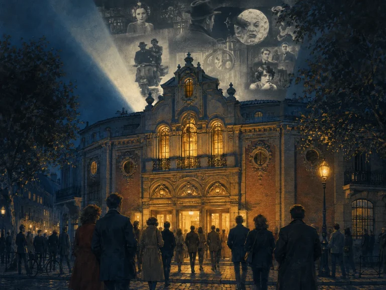 Fachada del Cine Doré con público y proyecciones cinematográficas en una noche cultural.