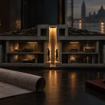 Maqueta seccionada de un búnker de hormigón con dos figuras separadas, ilustración de la película Búnker