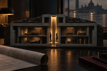 Maqueta seccionada de un búnker de hormigón con dos figuras separadas, ilustración de la película Búnker