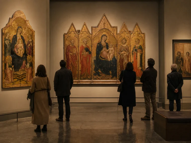 Visitantes contemplan pintura gótica mediterránea de influencia italiana en una sala de museo.