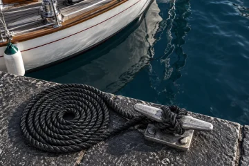 Cuerda de amarre y noray junto a un velero sobre las aguas azules del Viejo Puerto de Marsella.