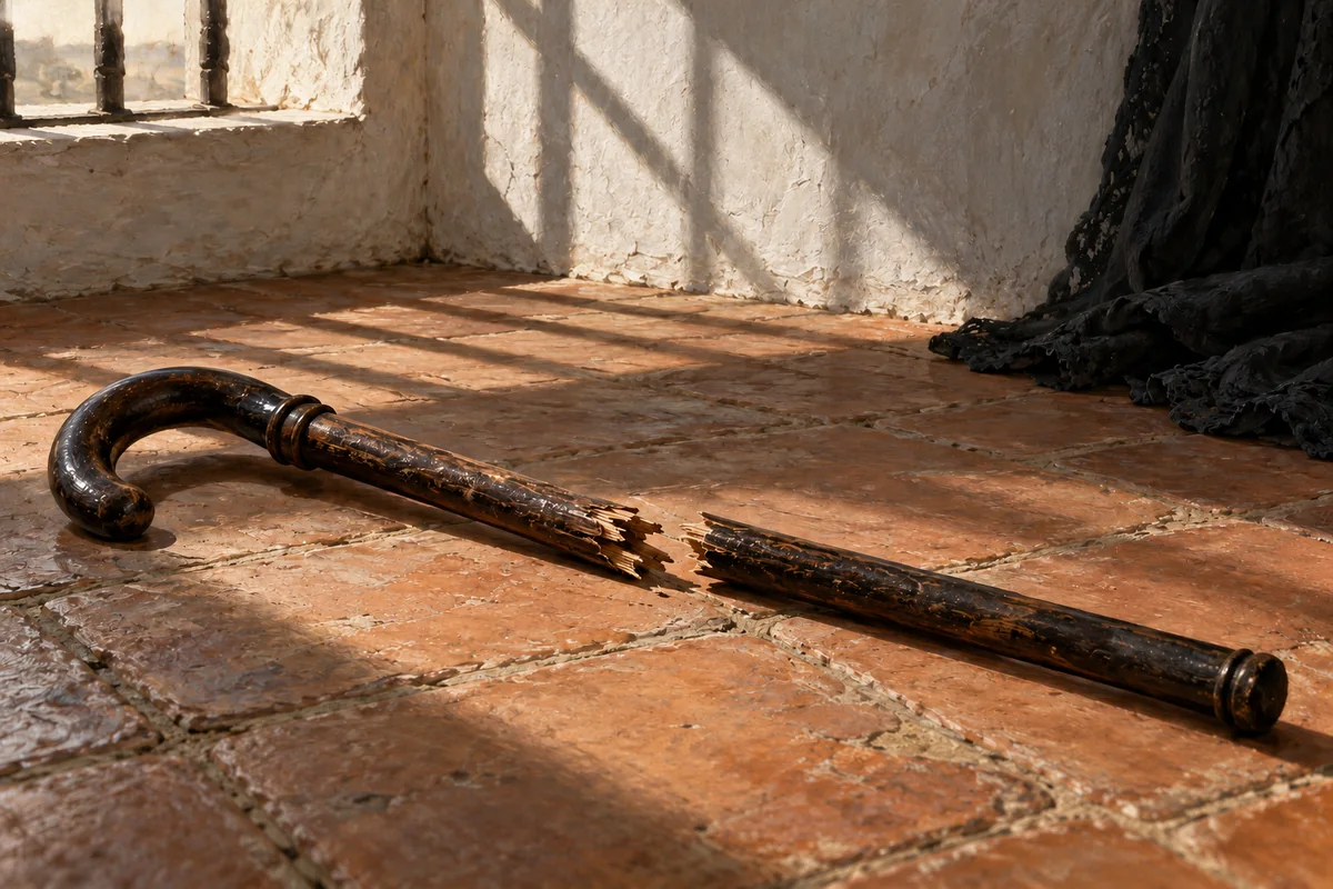 Bastón de madera roto sobre un suelo de barro, junto a una tela negra.