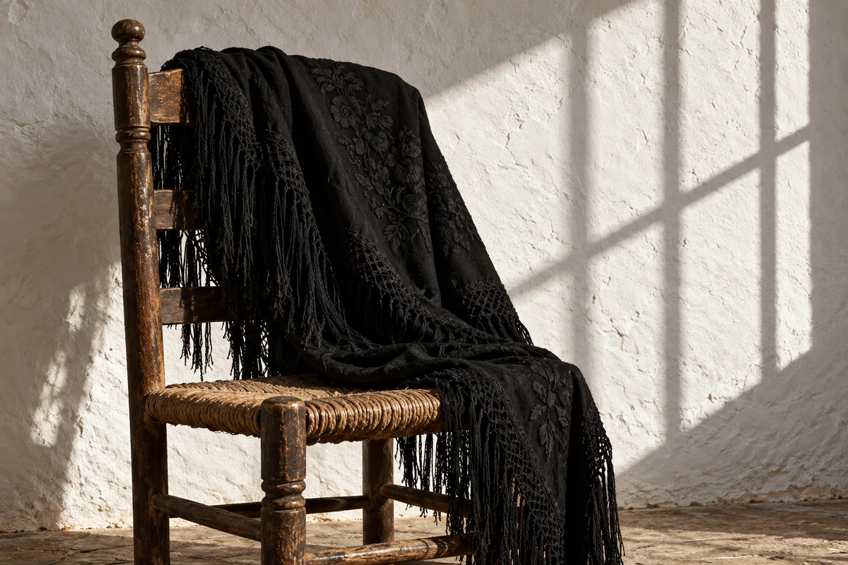 Mantón negro sobre una silla de madera frente a una pared blanca.