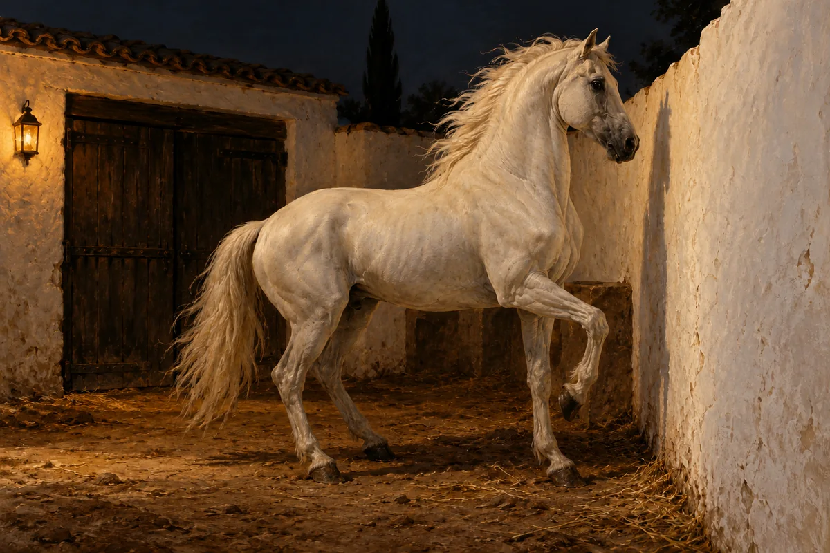 Caballo blanco inquieto junto al muro de un corral cerrado durante la noche.
