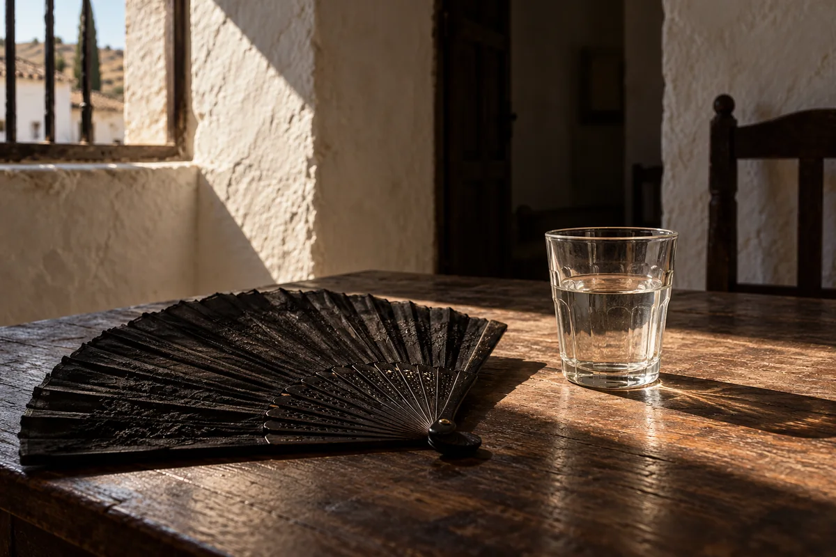 Abanico negro abierto y vaso de agua sobre una mesa iluminada por el sol.