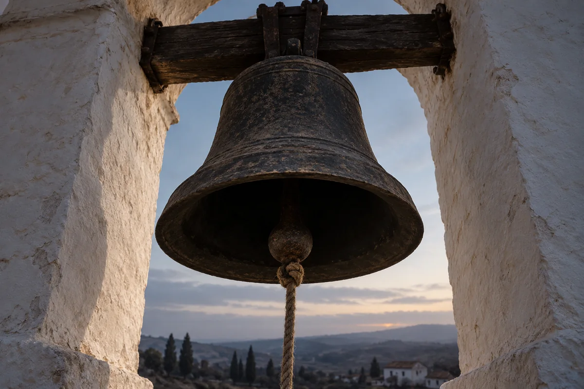 Campana oscura e inmóvil bajo el arco de un campanario encalado.