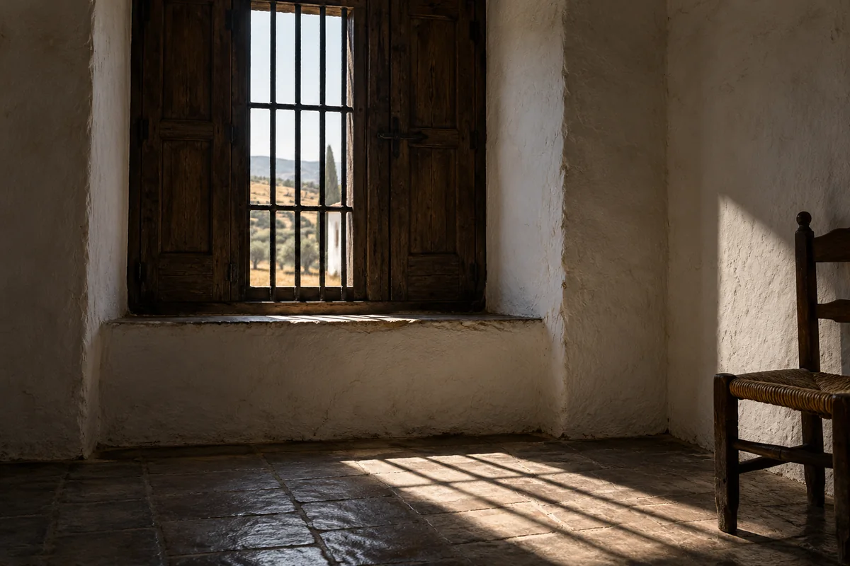 Ventana enrejada en una habitación encalada, con una silla de madera a un lado.