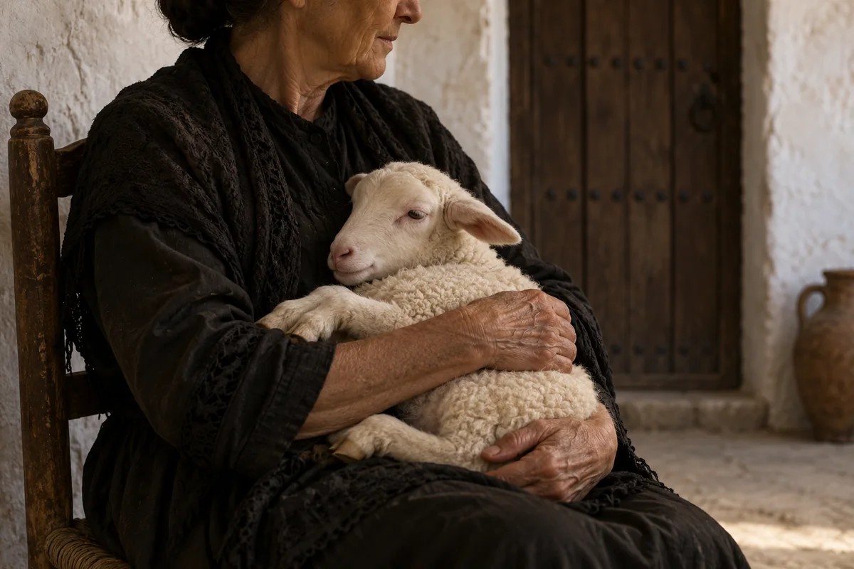 Evocación de una anciana que sostiene con ternura una oveja blanca en brazos.
