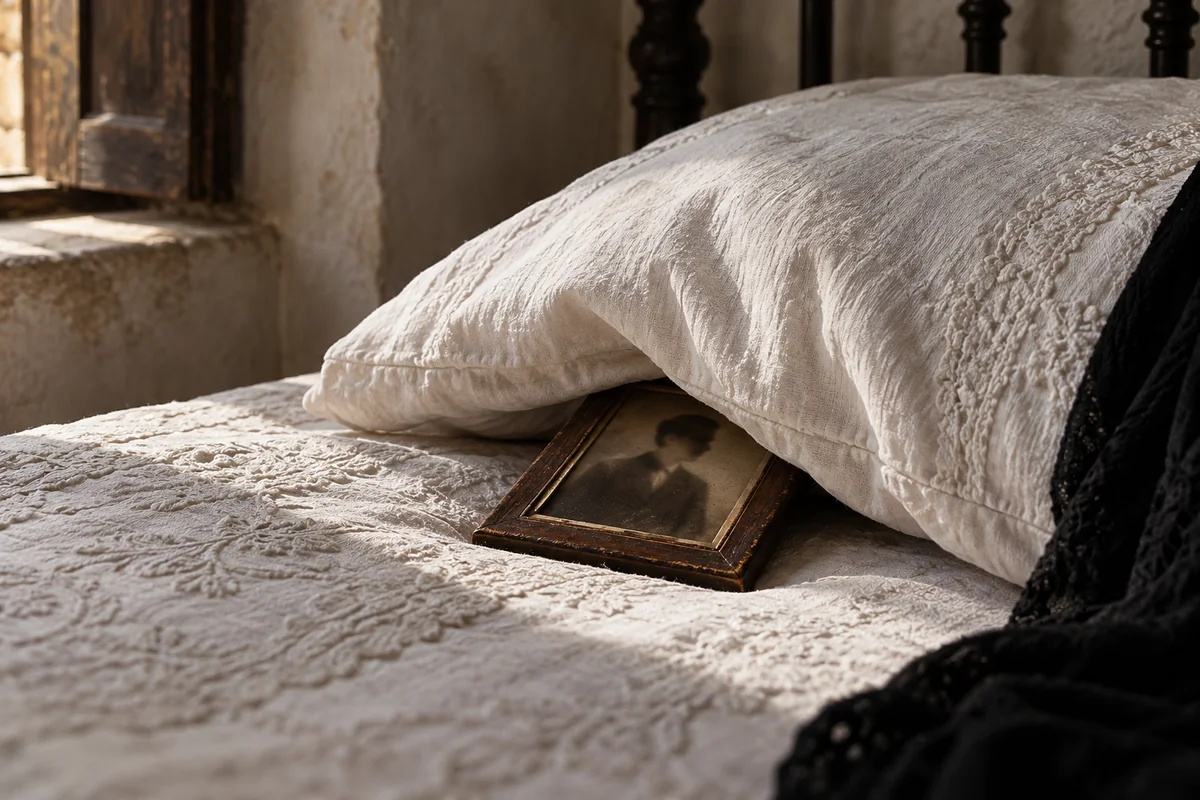 Fotografía de un hombre con el rostro difuminado, oculta parcialmente bajo una almohada.