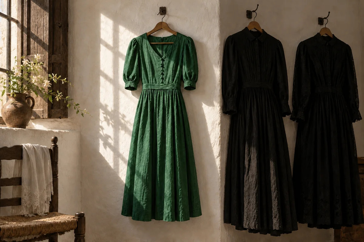 Vestido verde colgado junto a dos vestidos negros en una habitación encalada.